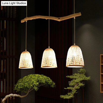 DecorBites™ Bamboo Bell Shade Pendant Light - South-east Asian Tea Room Island Lighting with 3 Heads - Wood Finish