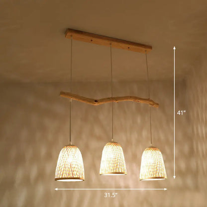 DecorBites™ Bamboo Bell Shade Pendant Light - South-east Asian Tea Room Island Lighting with 3 Heads - Wood Finish