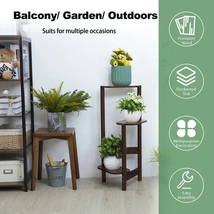 Dark wood bamboo corner plant stand living room 3 tier shelf