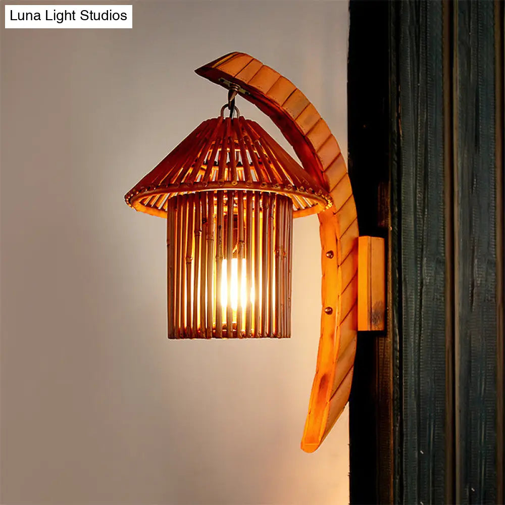DecorBites™ Bamboo Country House Wall Sconce with Arc Arm - Brown