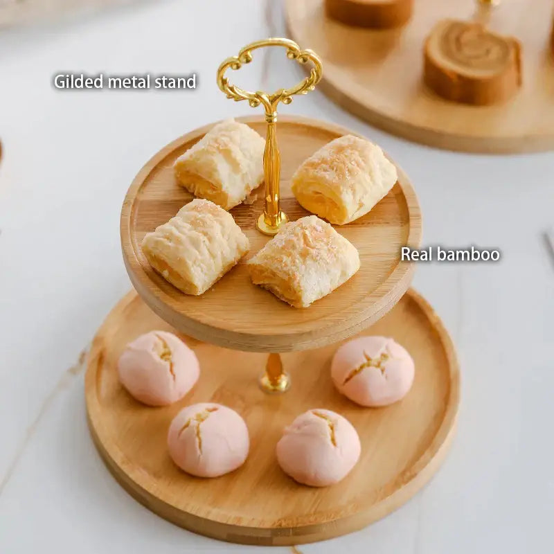 Bamboo fruit cake stand gold 3 tier wood tray dining room dessert rack