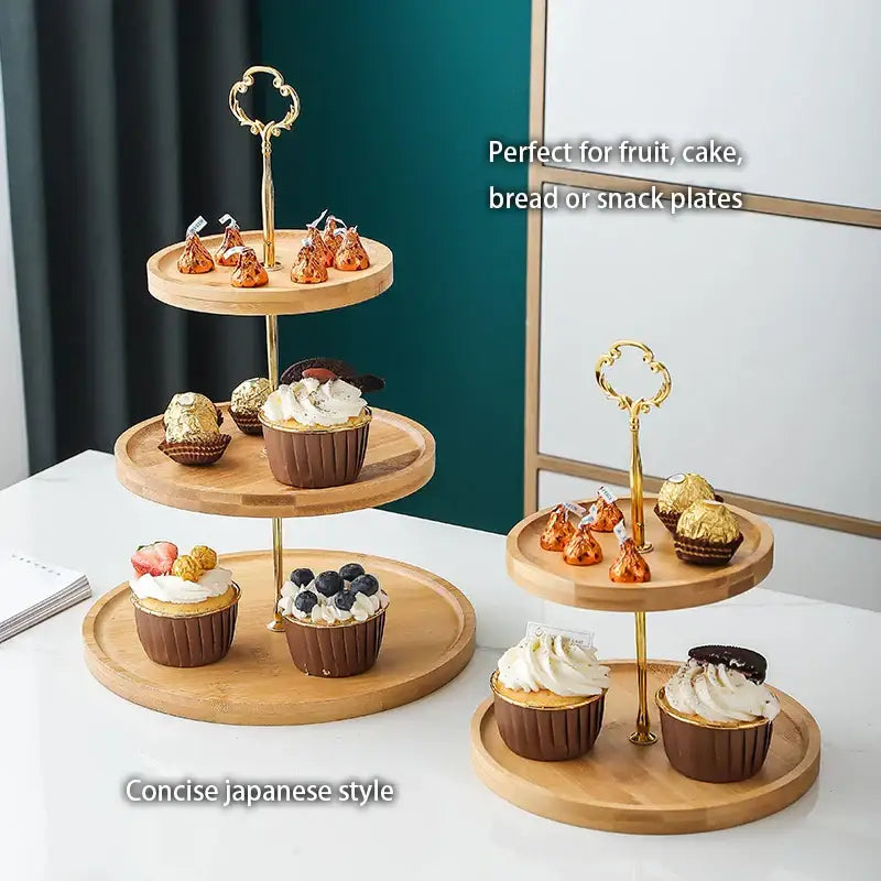 Bamboo fruit cake stand gold 3 tier wood tray dining room dessert rack