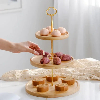 Bamboo fruit cake stand gold 3 tier wood tray dining room dessert rack