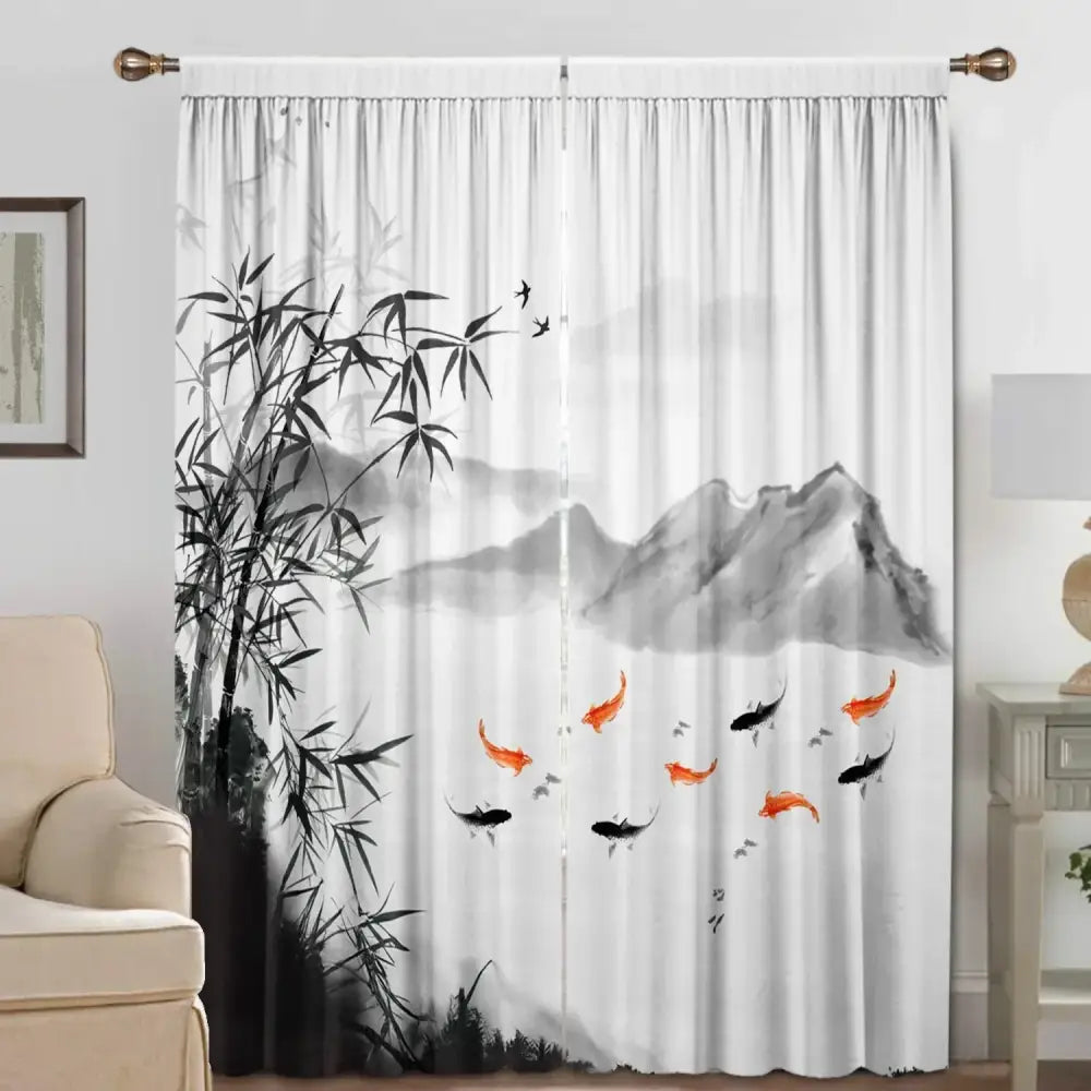 Bamboo ink painting white & gray curtains living room decor