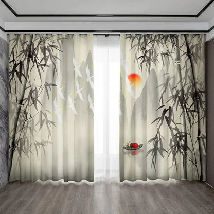 Bamboo ink painting white & gray curtains living room decor