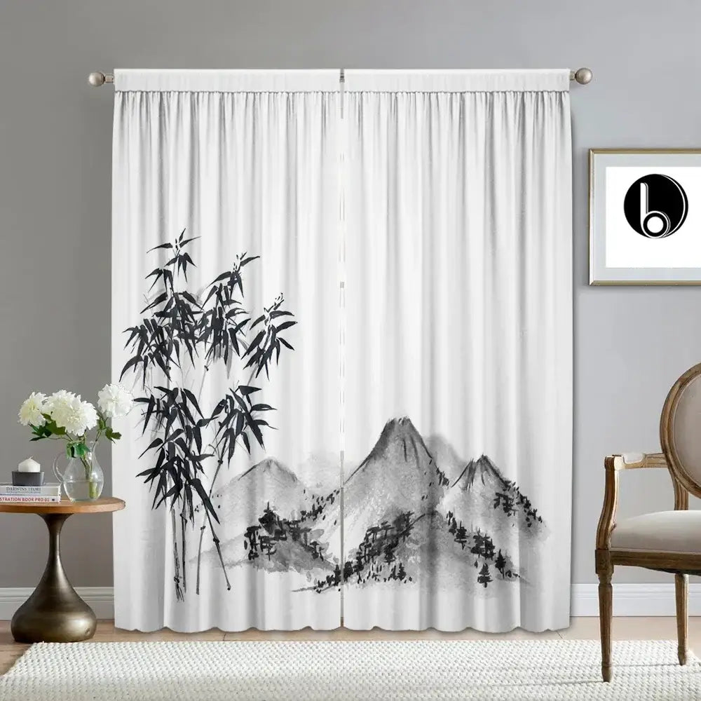 Bamboo ink painting white & gray curtains living room decor