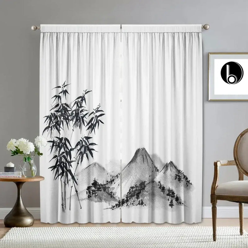 Bamboo ink painting white & gray curtains living room decor