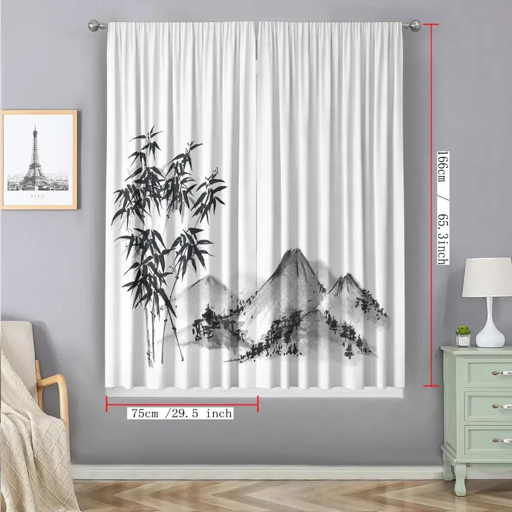 Bamboo ink painting white & gray curtains living room decor
