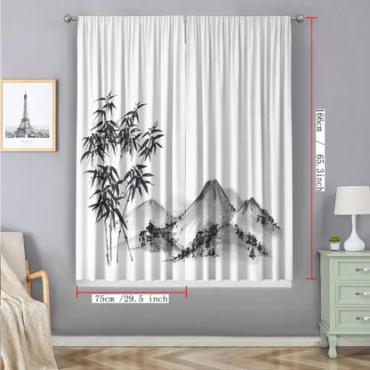 Bamboo ink painting white & gray curtains living room decor
