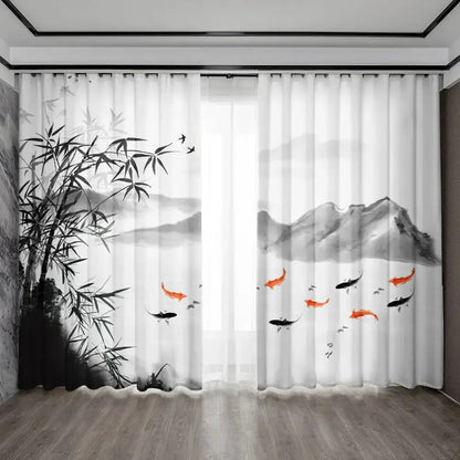 Bamboo ink painting white & gray curtains living room decor