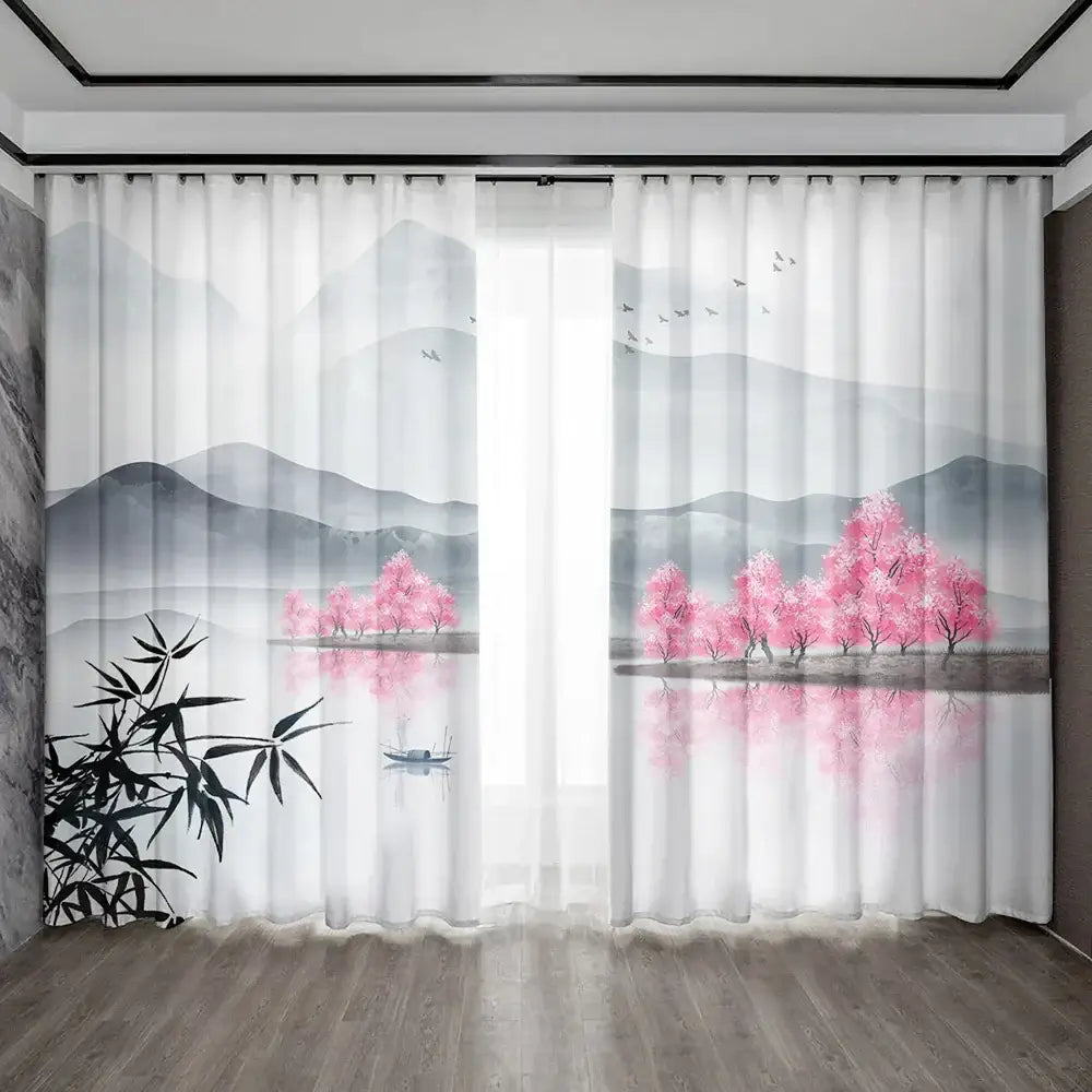 Bamboo ink painting white & gray curtains living room decor
