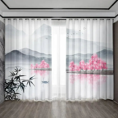 Bamboo ink painting white & gray curtains living room decor