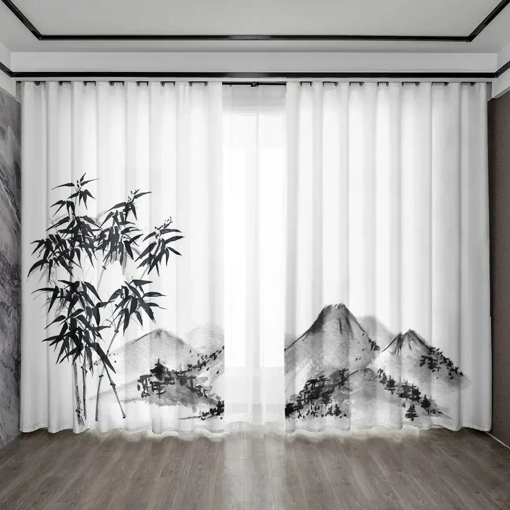 Bamboo ink painting white & gray curtains living room decor