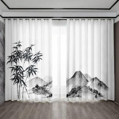 Bamboo ink painting white & gray curtains living room decor