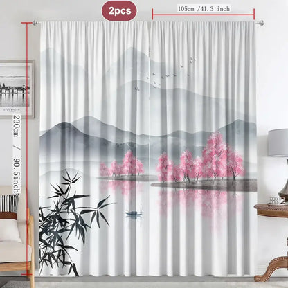Bamboo ink painting white & gray curtains living room decor