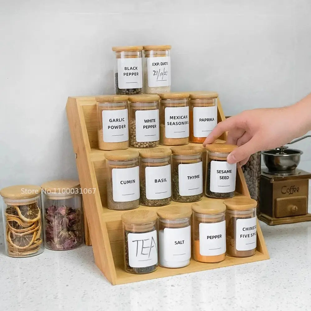 Bamboo lid glass food storage jar with labels kitchen spice set