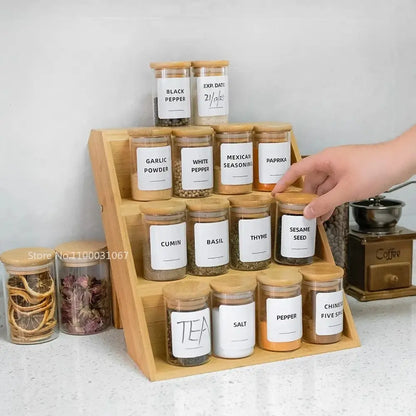 Bamboo lid glass food storage jar with labels kitchen spice set