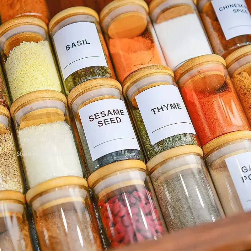 Bamboo lid glass food storage jar with labels kitchen spice set