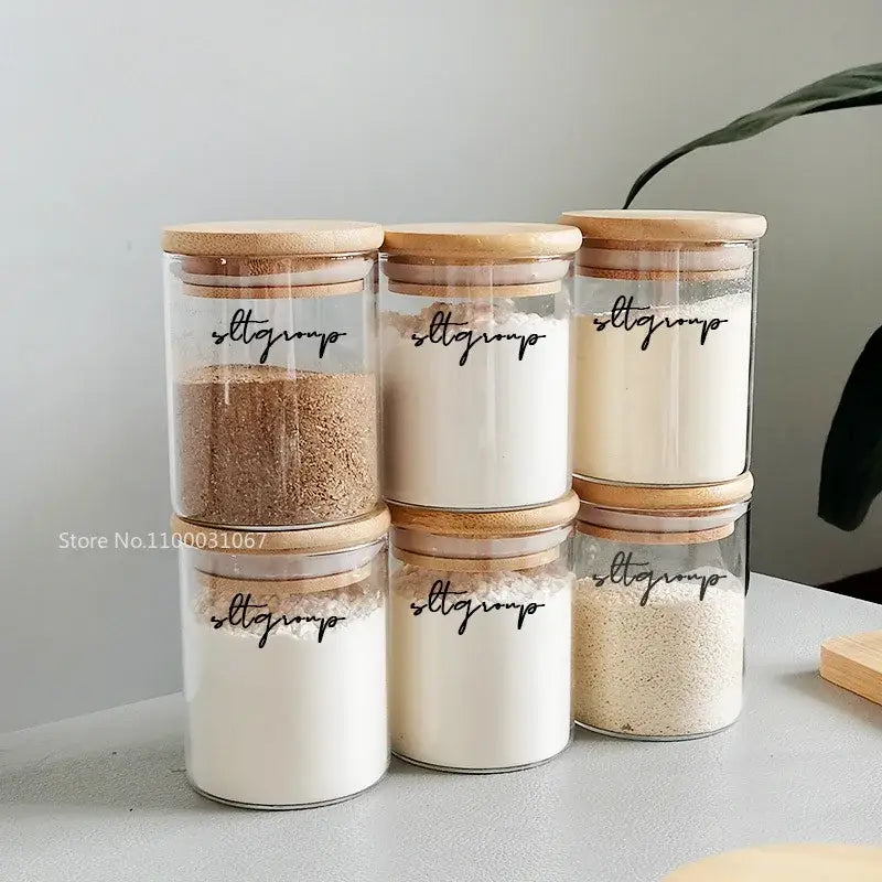 Bamboo lid glass food storage jar with labels kitchen spice set