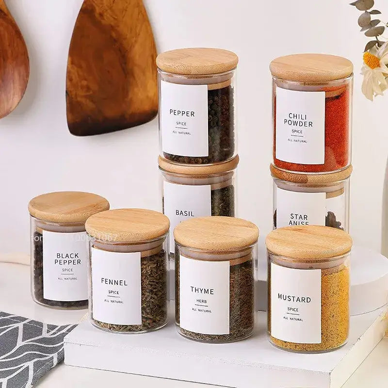 Bamboo lid glass food storage jar with labels kitchen spice set