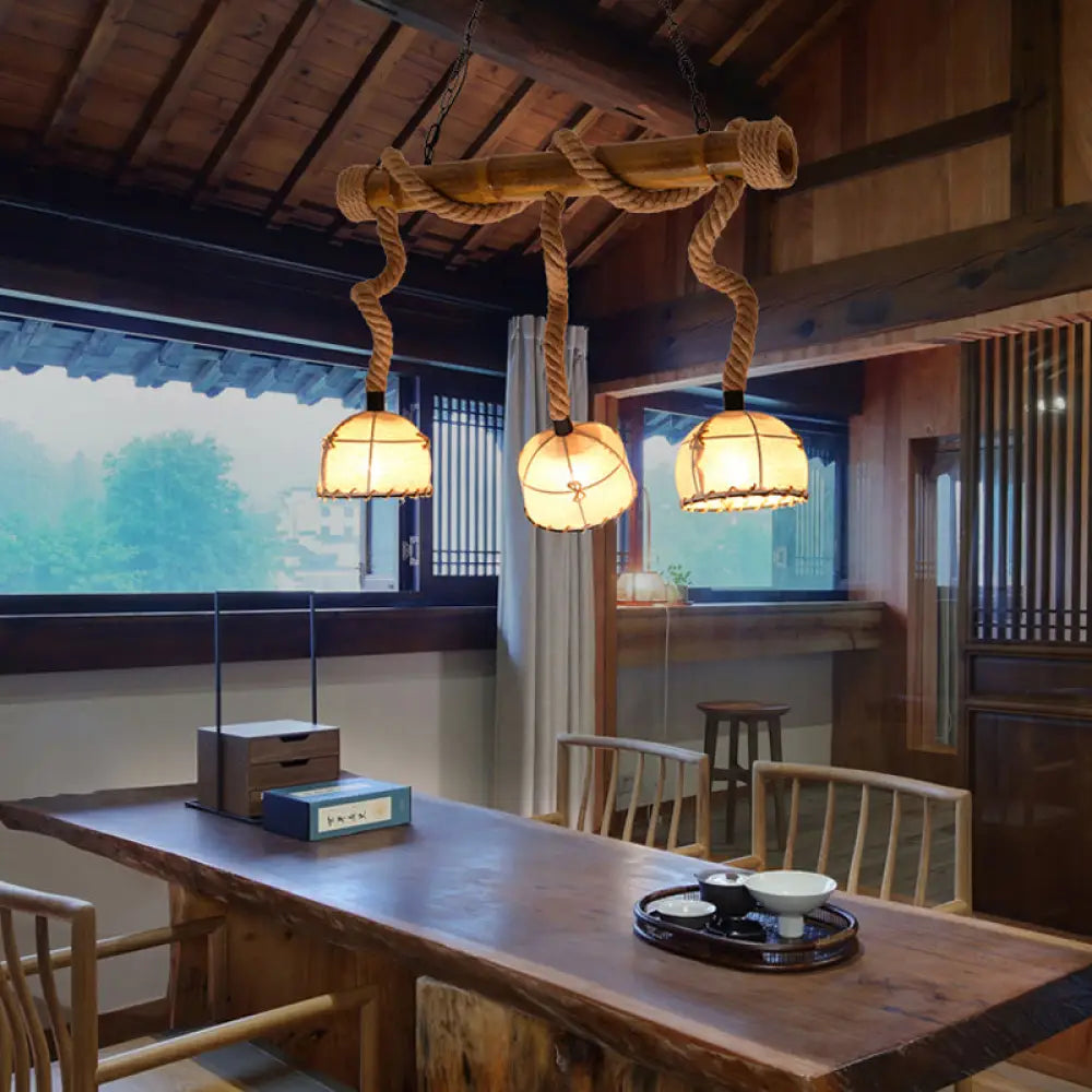 DecorBites™ Bamboo Linear Island Pendant Light with Cage Shade - Lodge Style - Beige