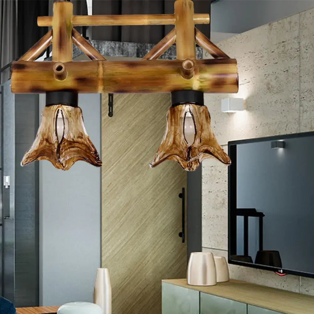 Bamboo lodge amber glass flared pendant light kitchen island lighting