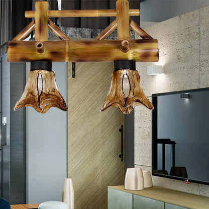 Bamboo lodge amber glass flared pendant light kitchen island lighting