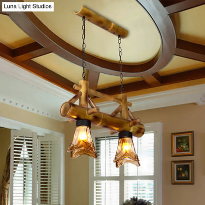 DecorBites™ Bamboo Lodge Flared Pendant Light with 2 Amber Glass Shades - Island Lighting