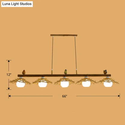 DecorBites™ Bamboo Pendant Lighting: Conical Island Light with White Glass Shade