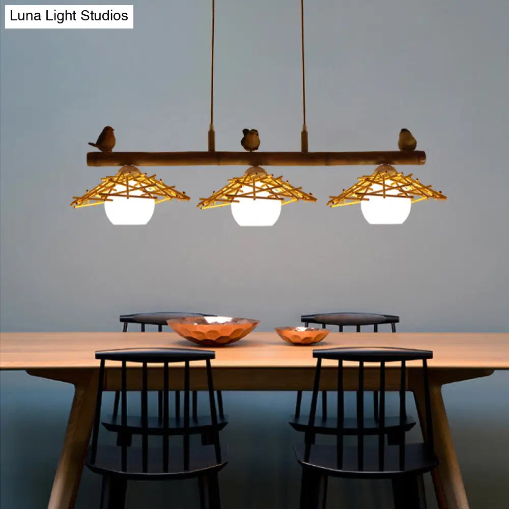 DecorBites™ Bamboo Pendant Lighting: Conical Island Light with White Glass Shade