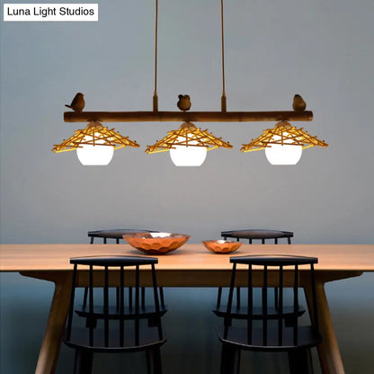 DecorBites™ Bamboo Pendant Lighting: Conical Island Light with White Glass Shade