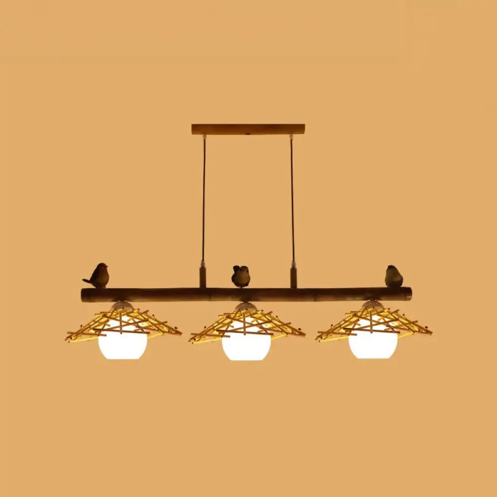 DecorBites™ Bamboo Pendant Lighting: Conical Island Light with White Glass Shade