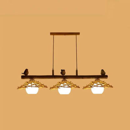 DecorBites™ Bamboo Pendant Lighting: Conical Island Light with White Glass Shade