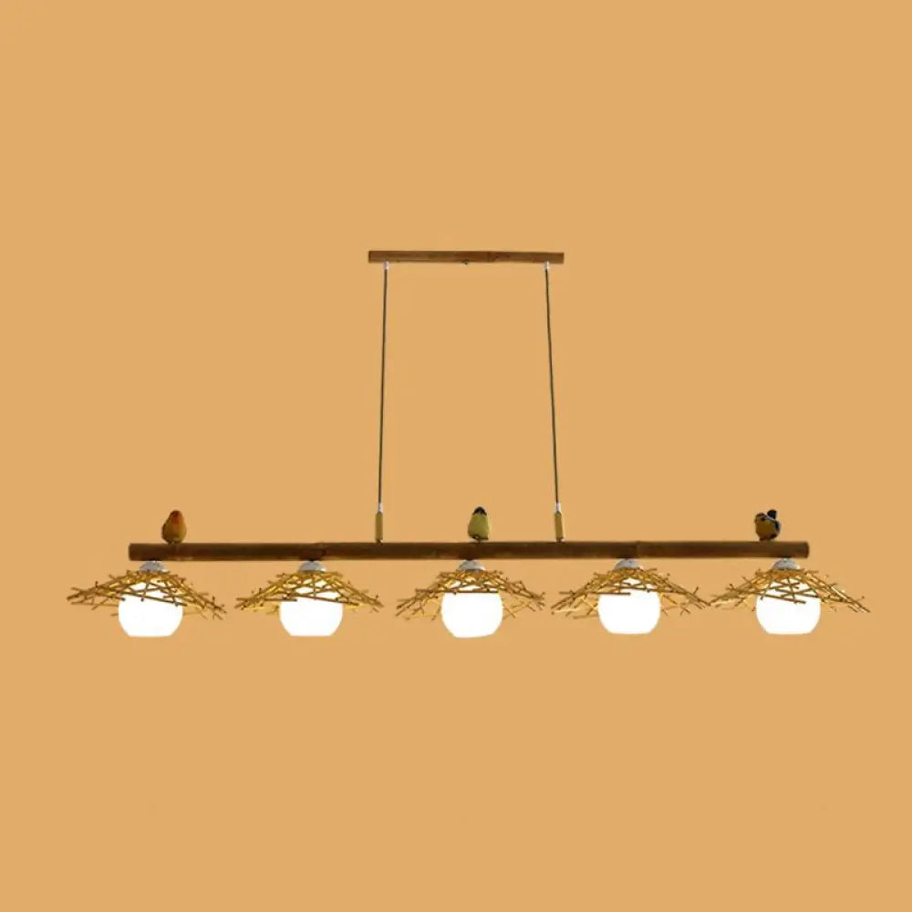 DecorBites™ Bamboo Pendant Lighting: Conical Island Light with White Glass Shade