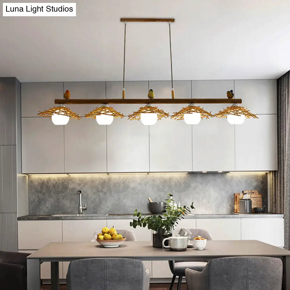 DecorBites™ Bamboo Pendant Lighting: Conical Island Light with White Glass Shade