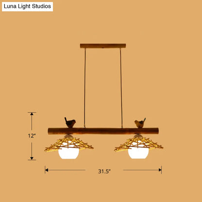 DecorBites™ Bamboo Pendant Lighting: Conical Island Light with White Glass Shade