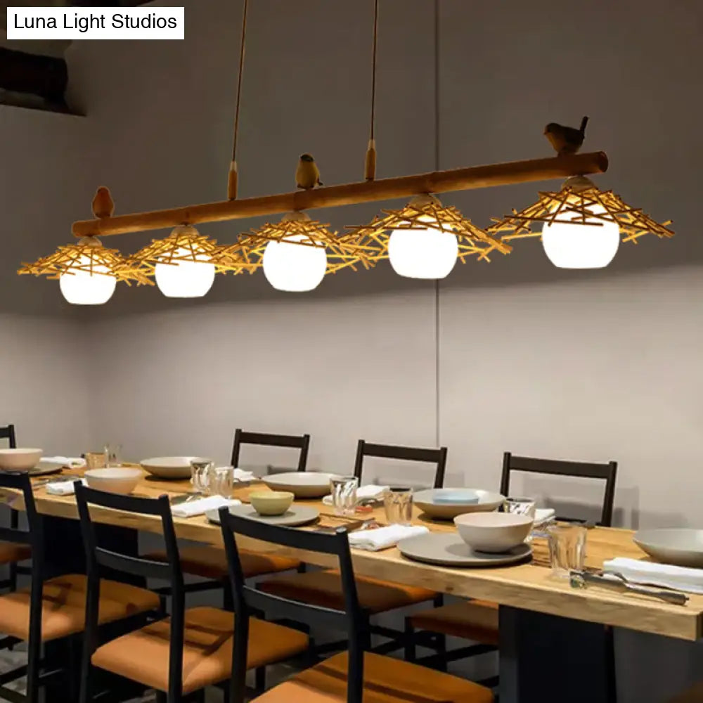 DecorBites™ Bamboo Pendant Lighting: Conical Island Light with White Glass Shade