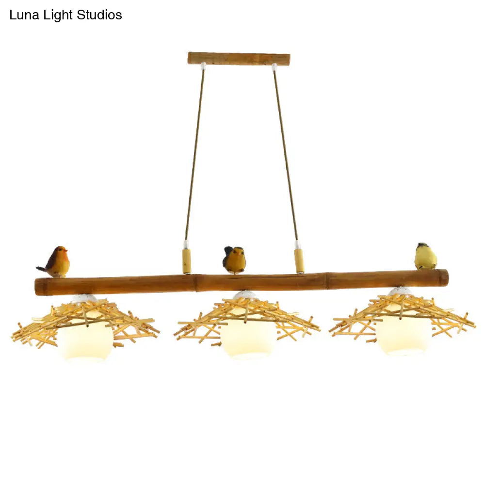 DecorBites™ Bamboo Pendant Lighting: Conical Island Light with White Glass Shade