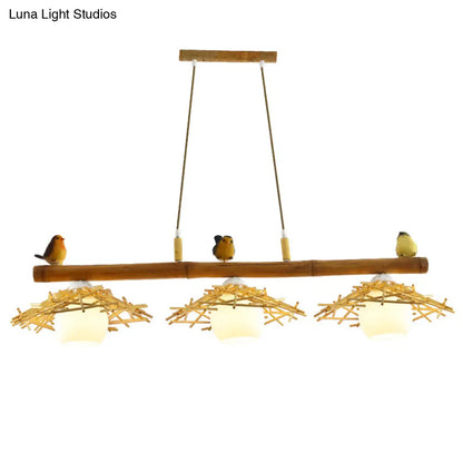 DecorBites™ Bamboo Pendant Lighting: Conical Island Light with White Glass Shade