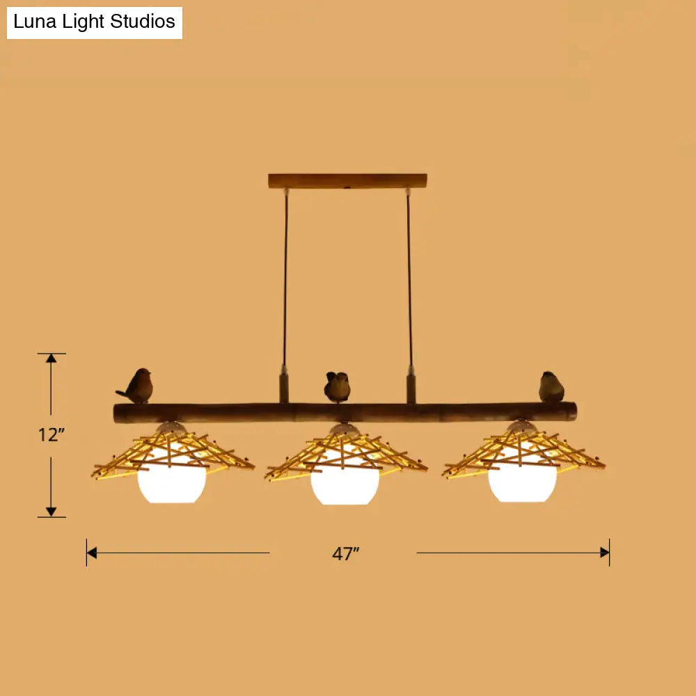 DecorBites™ Bamboo Pendant Lighting: Conical Island Light with White Glass Shade