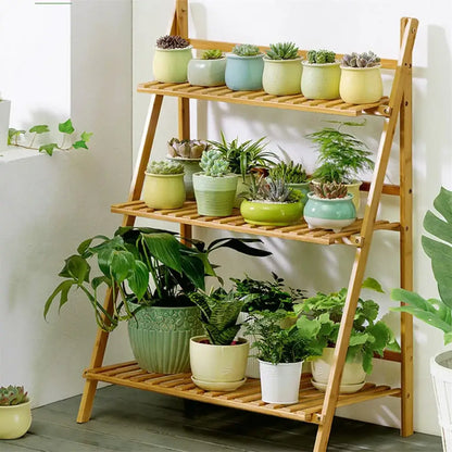 Modern bamboo a-frame plant pot shelf living room 3 tier stand