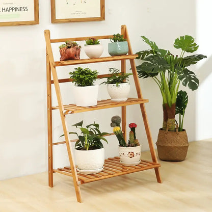 Modern bamboo a-frame plant pot shelf living room 3 tier stand