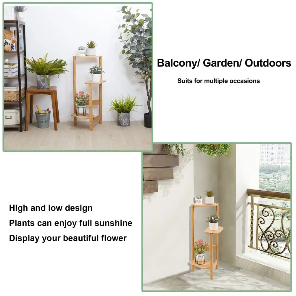 Natural & dark bamboo corner plant stand living room 3-tier rack