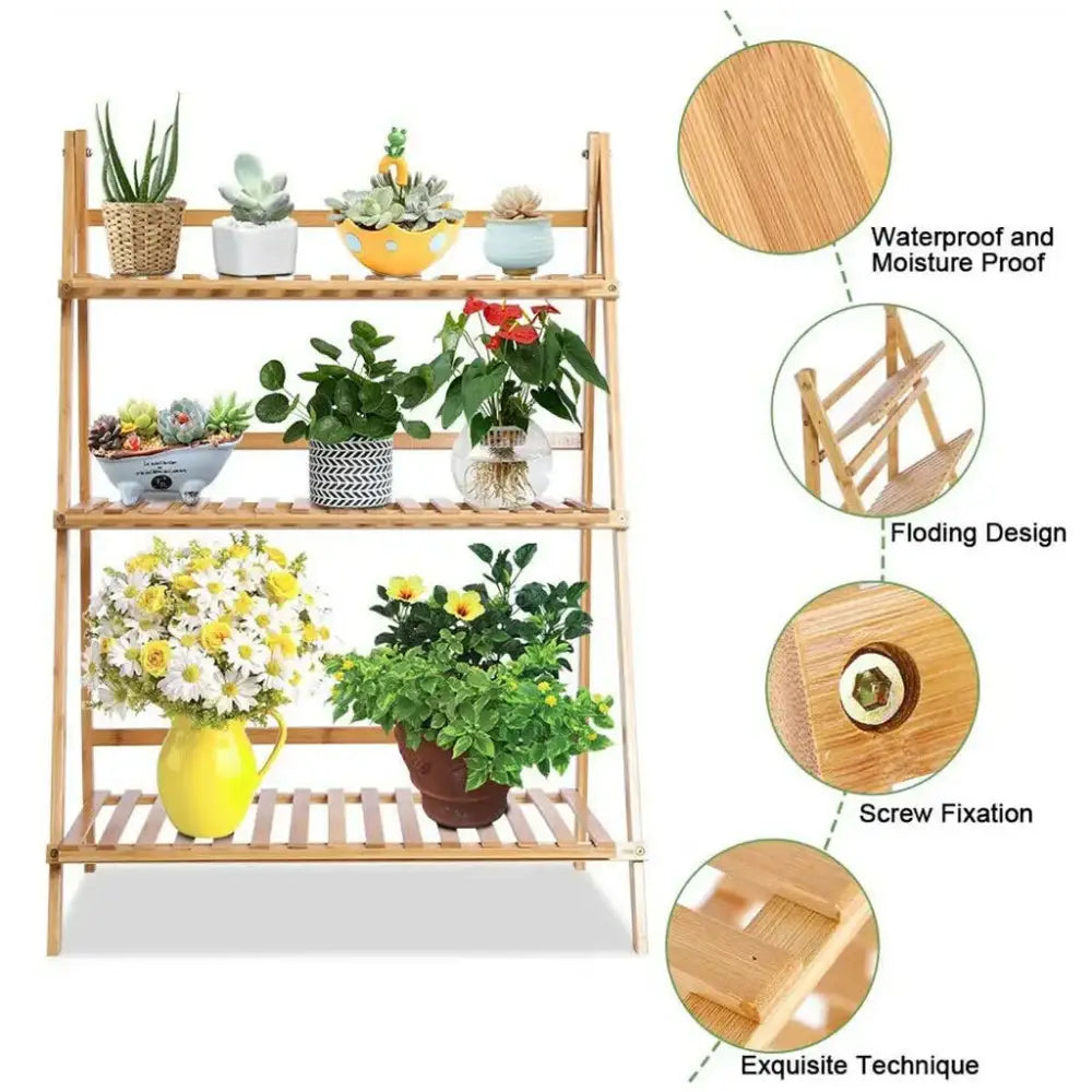 Modern folding light brown bamboo plant stand living room 3 tier shelf