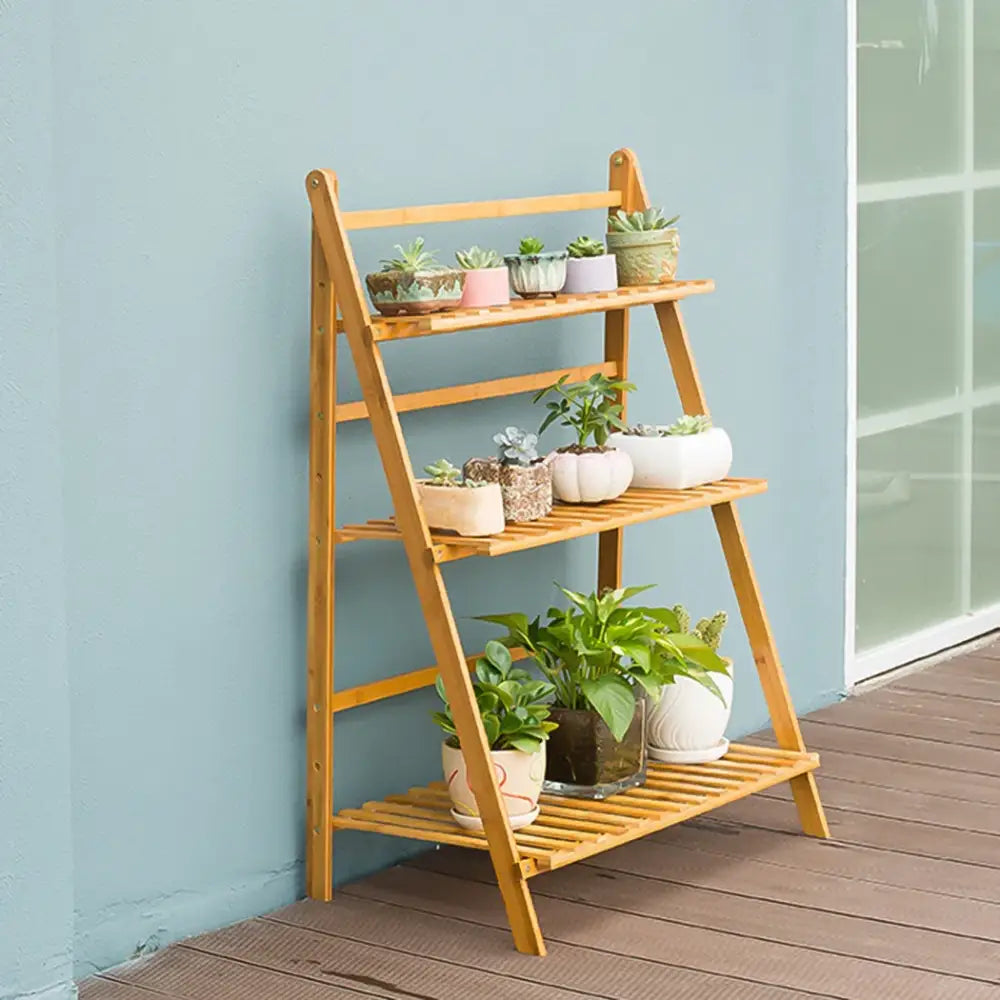 Modern folding light brown bamboo plant stand living room 3 tier shelf
