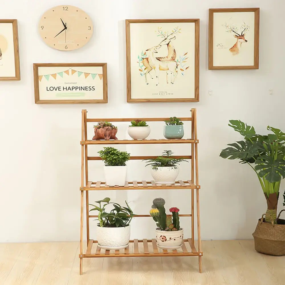 Modern folding light brown bamboo plant stand living room 3 tier shelf