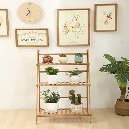 Modern folding light brown bamboo plant stand living room 3 tier shelf