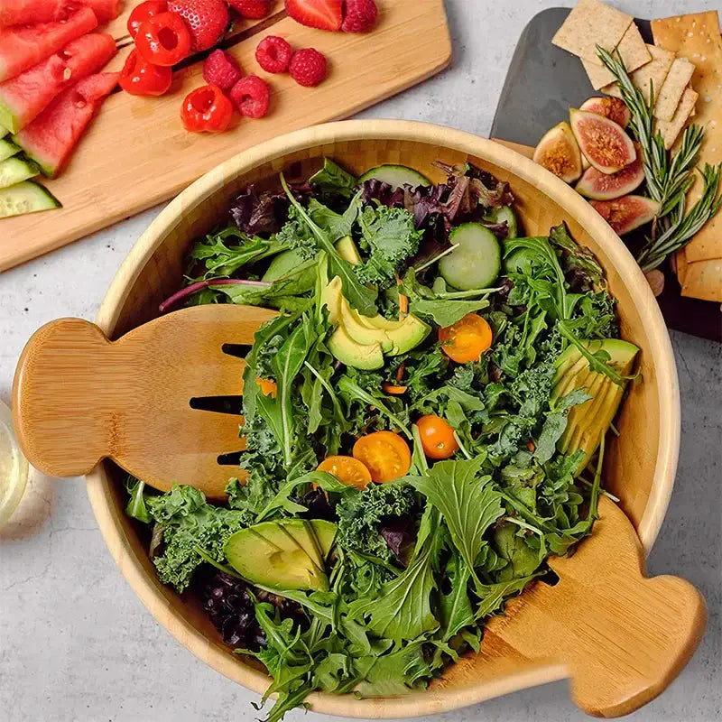 Bamboo salad hands and spoon set dining room fish shaped wooden utensils