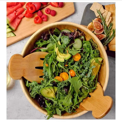 Bamboo salad hands and spoon set dining room fish shaped wooden utensils