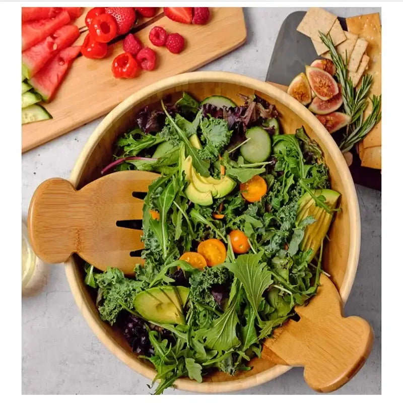 Bamboo salad hands and spoon set dining room fish shaped wooden utensils